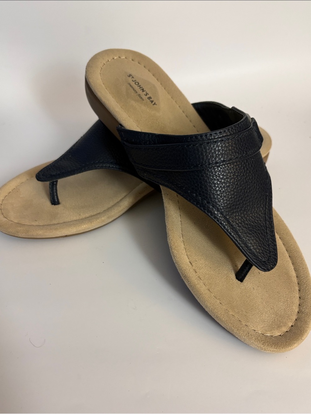 St. John's Bay Navy Women’s Thong Sandals with Tan Footbed and Buckle